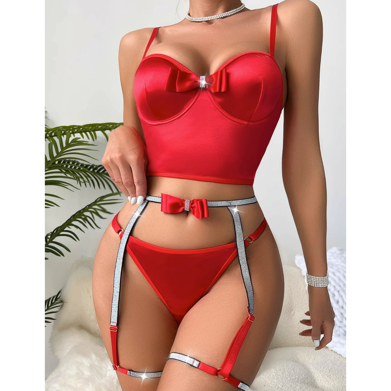 Komplet bielizny z body i pasem do pończoch z kokardą Iside Czerwony