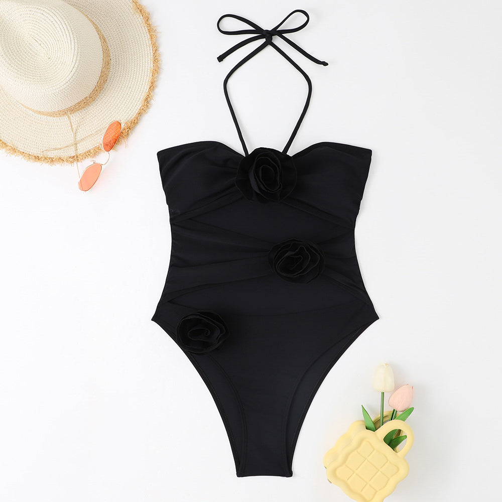 Strój kąpielowy z kwiatami 3D regulowane ramiączka lato Richarda Czarny