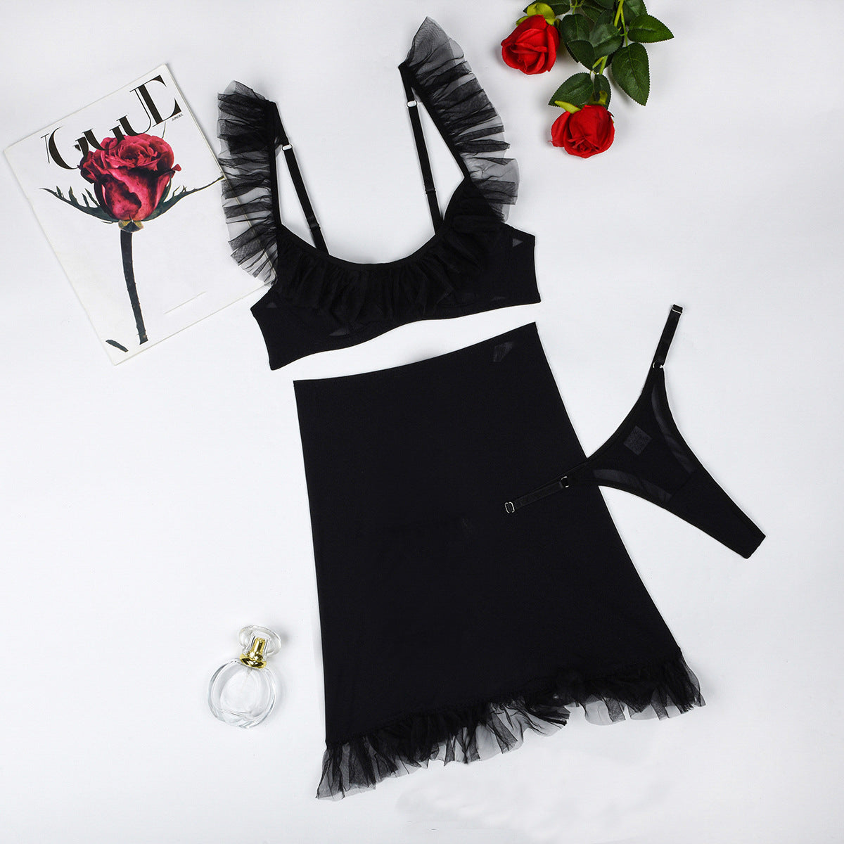 Komplet bielizny nocnej z falbankami na specjalne okazje Nechama Czarny