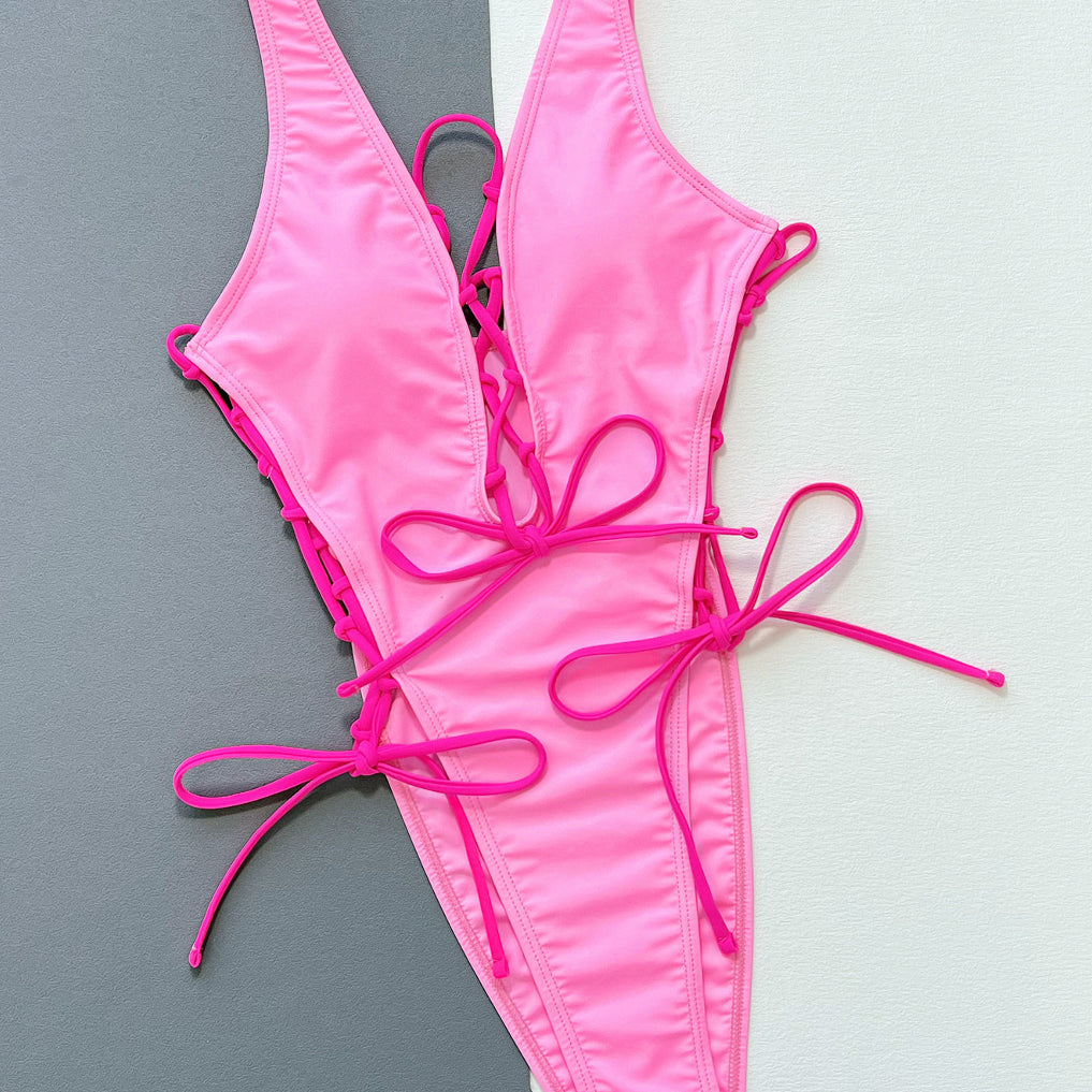 Strój kąpielowy jednoczęściowy z sznurowaniem na plażę Angelien Różowy