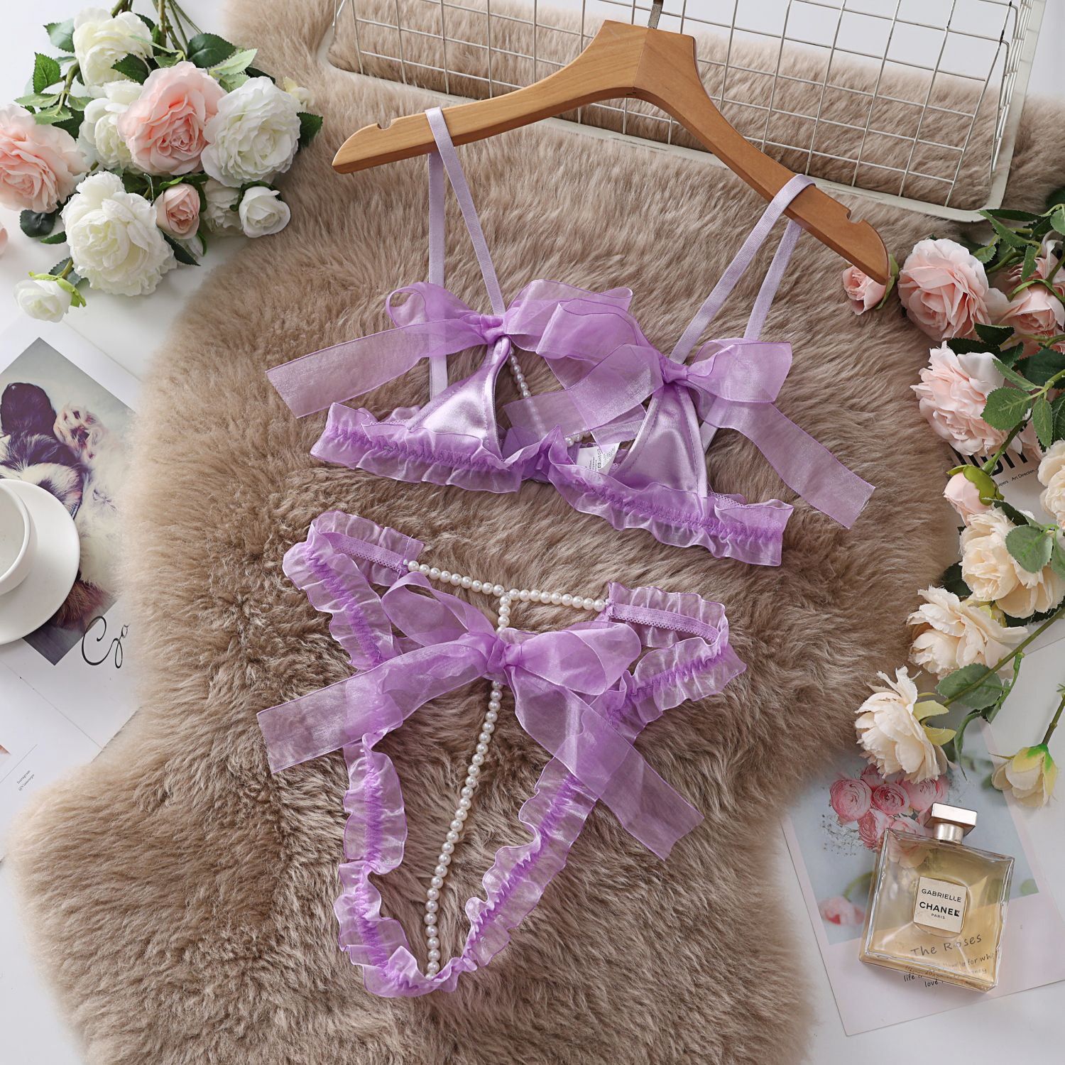 Komplet bielizny z siateczki z wstążkami Sallee Fioletowy