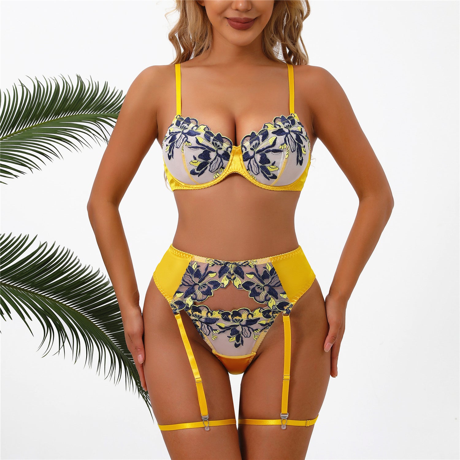 Zestaw bielizny koronkowy z pasem do pończoch satynowe wykończenie Sean