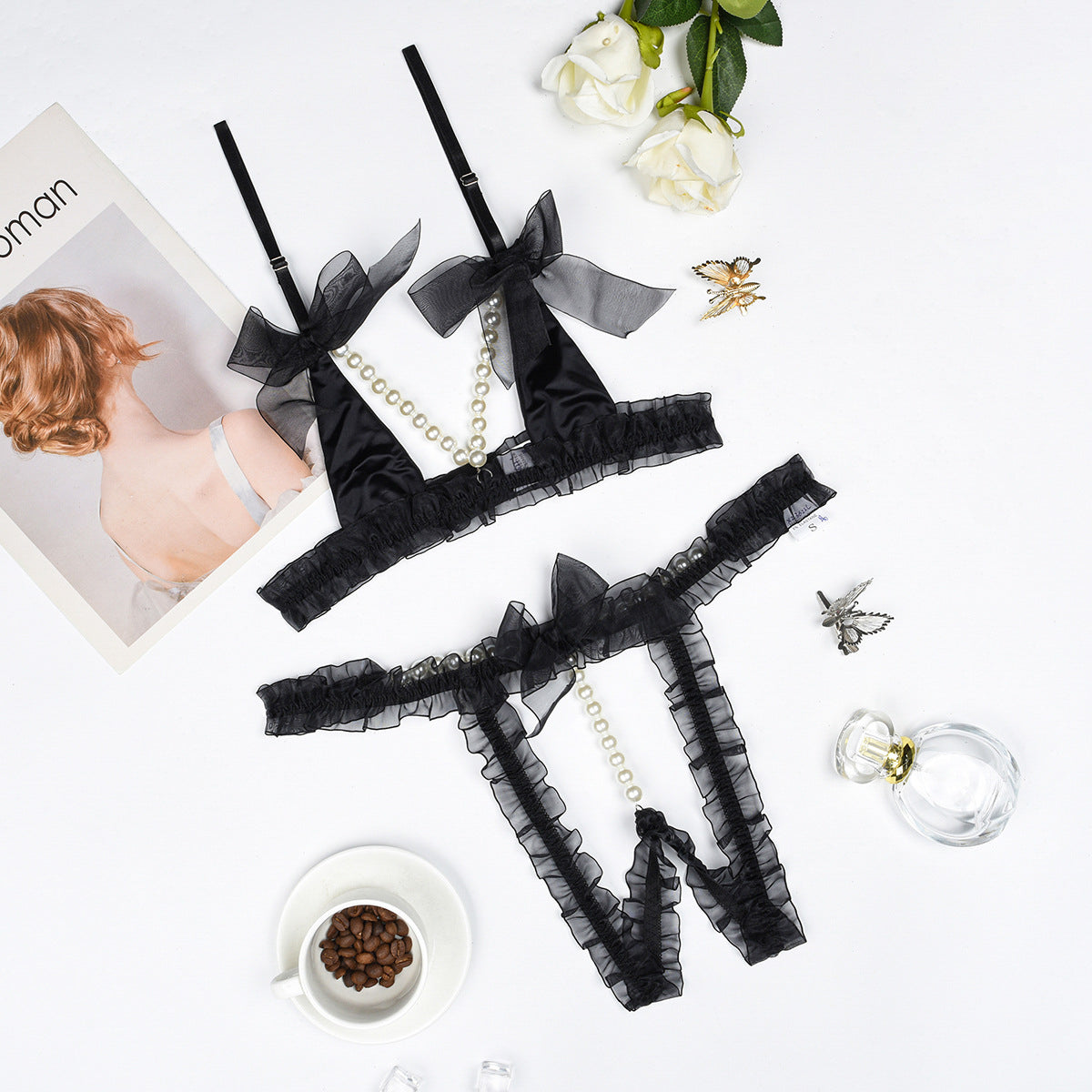 Komplet bielizny z perełkami i koronkowym wykończeniem Rosabella Czarny