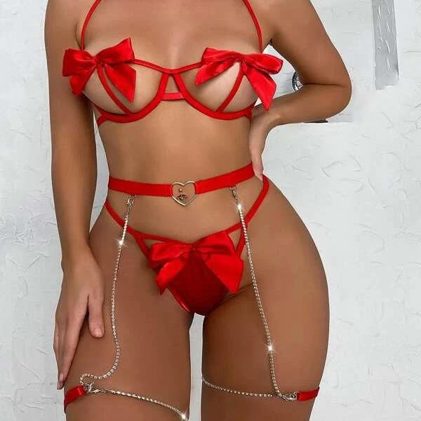 Komplet bielizny z kokardami i łańcuszkiem na romantyczne wieczory Reinlinde