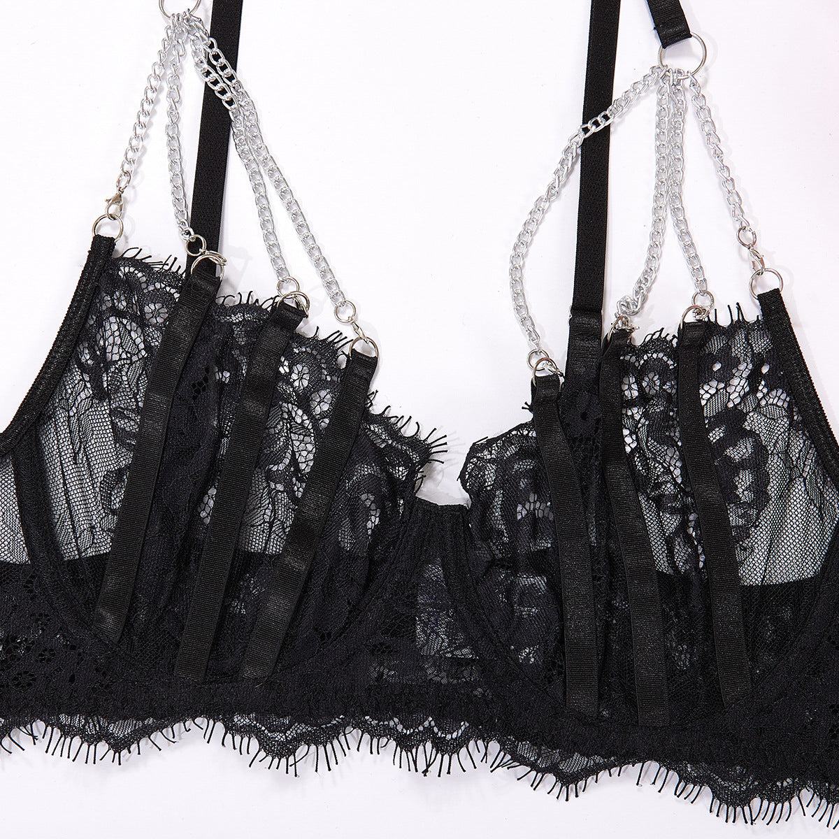 Komplet bielizny z koronką i srebrnymi łańcuszkami na randkę Nune