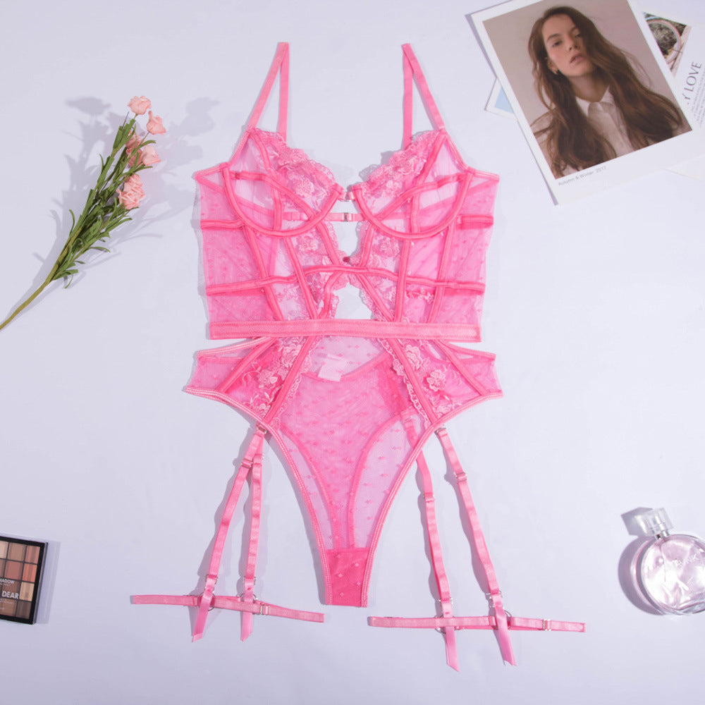 Komplet bielizny z koronką i siateczkowymi wstawkami Yahavit Różowy