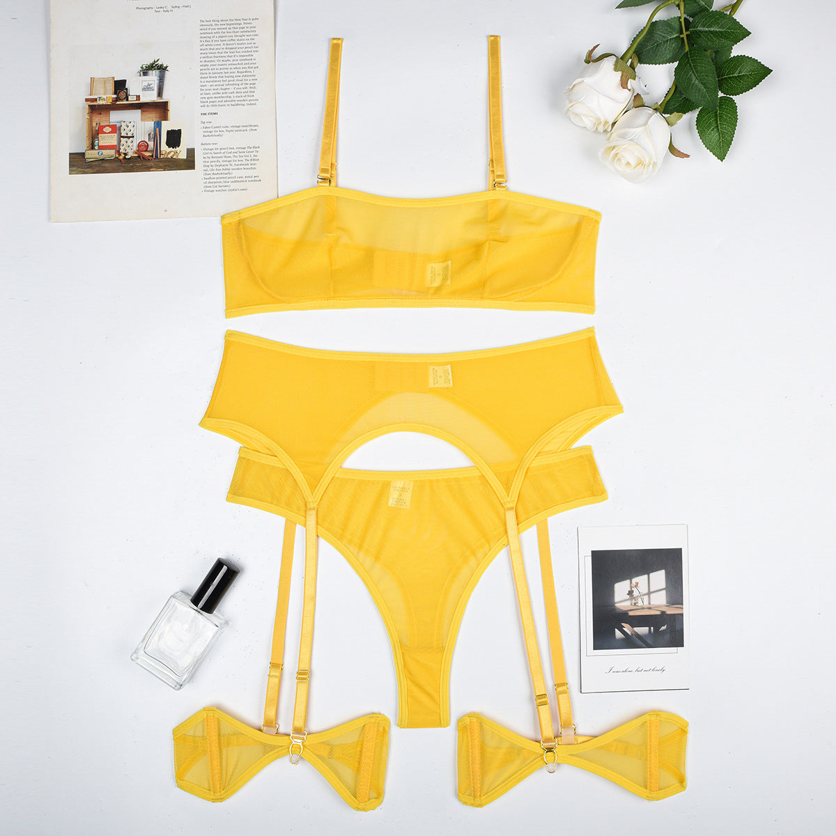 Zestaw bielizny z siateczki elegancki i trwały Shani Żółty