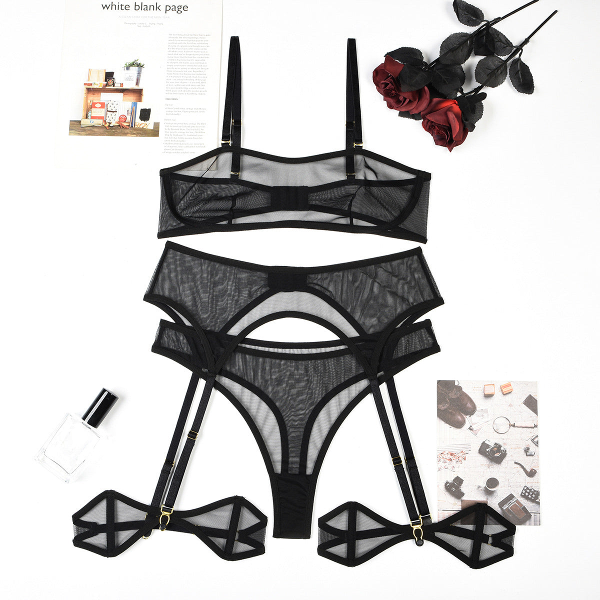 Zestaw bielizny z siateczki elegancki i trwały Shani Czarny