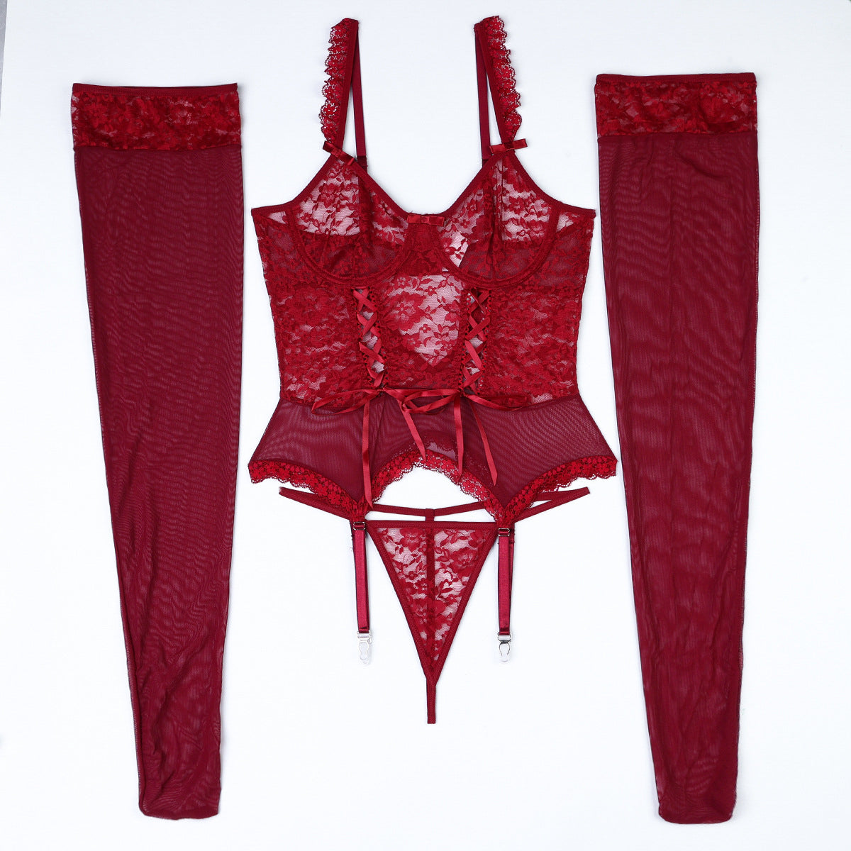 Gorset koronkowy z regulowanymi paskami na romantyczne wieczory Maliyah Bordowy