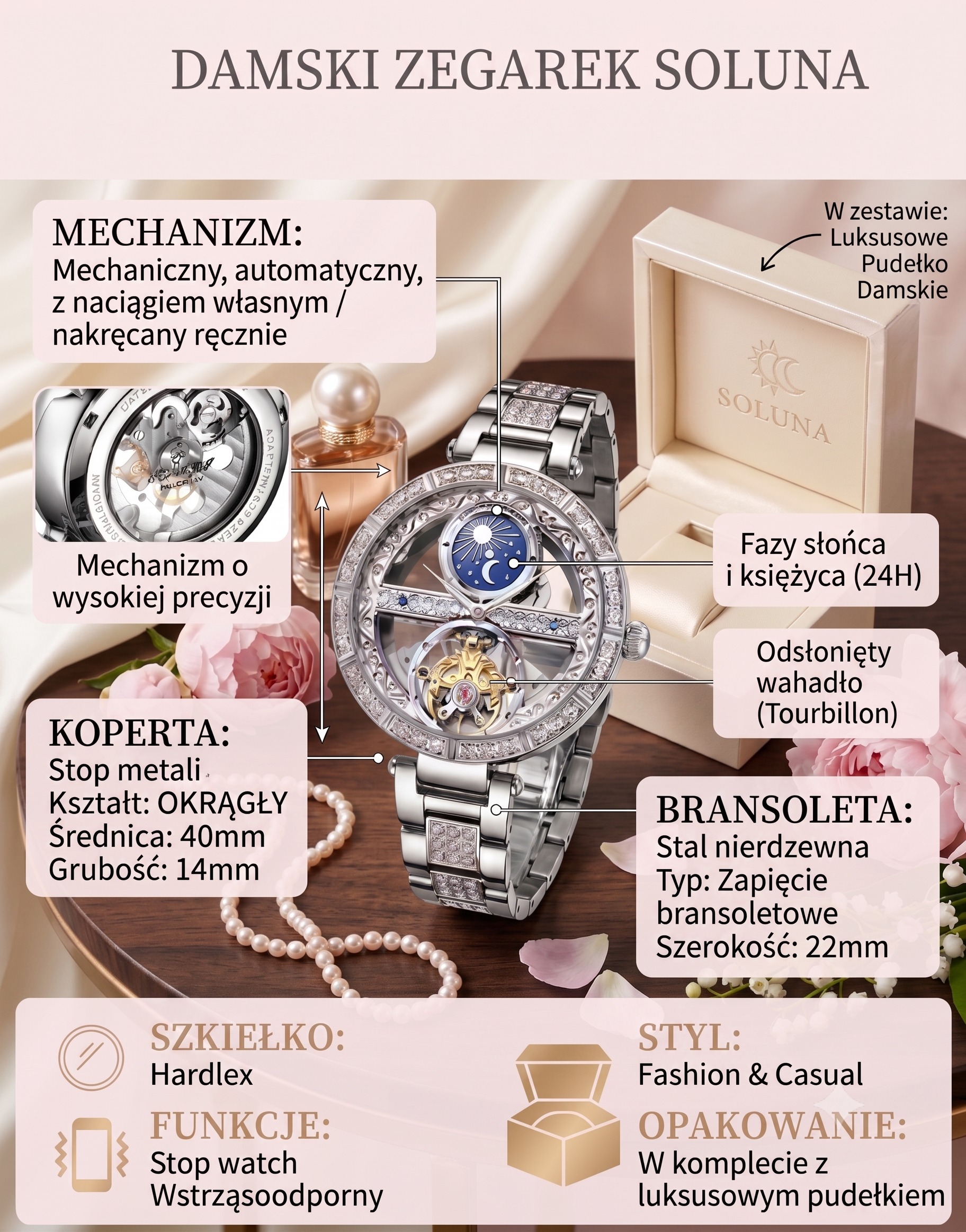 Elegancki zegarek automatyczny z otwartym mechanizmem i biżuteryjnym zdobieniem Soluna